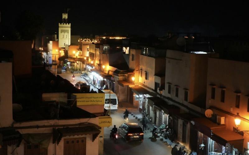 Old town streets seen from above at night